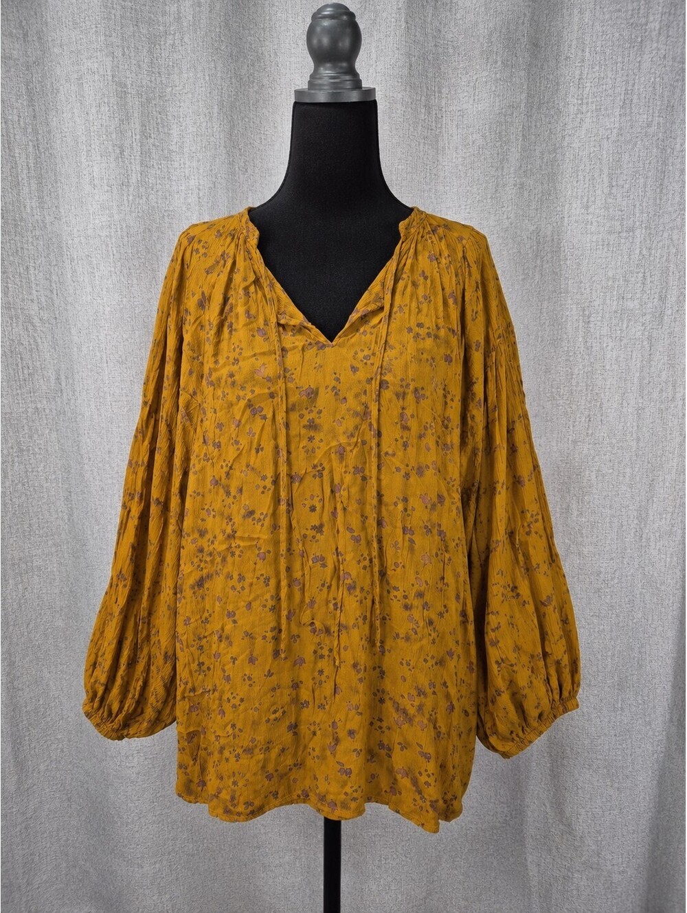 Sonoma Women’s Plus 1X Mustard Floral Peasant Blouse Balloon Sleeve Boho Top